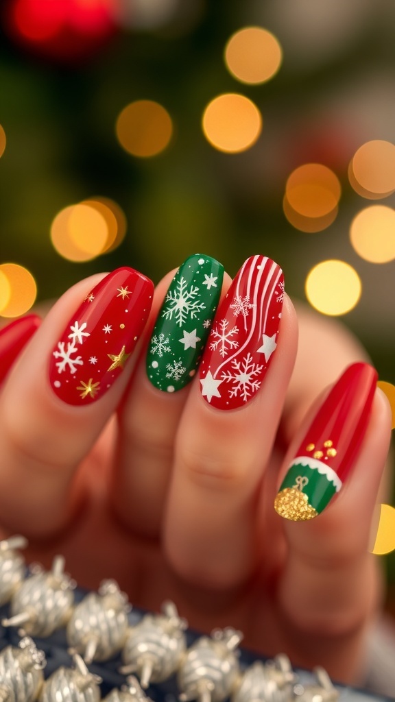 Short Stiletto Christmas Nail Art Short stiletto Christmas nails with red, green, and white designs, featuring snowflakes and gold accents.